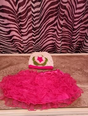 Pink Ruffle Tutu Skirt with Crochet Flower Beanie